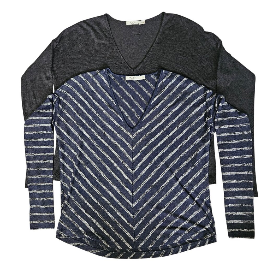 Rag & Bone Lot 2 Women's Tops SZ Small Navy Chevron Striped V-Neck Black Casual
